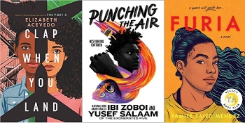 Latinx YA Realistic Fiction covers: Clap if you land, Punching the Air, Furia