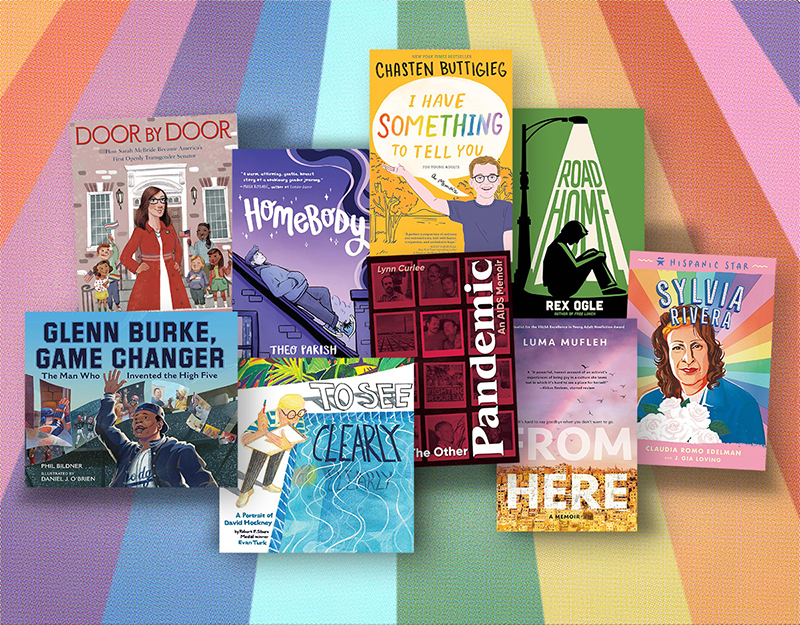 Graphic showing the nine book covers on a rainbow background.
