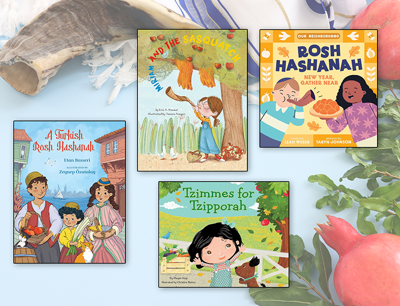 The four Rosh Hashanah book covers set against a holiday tabletop background photo.