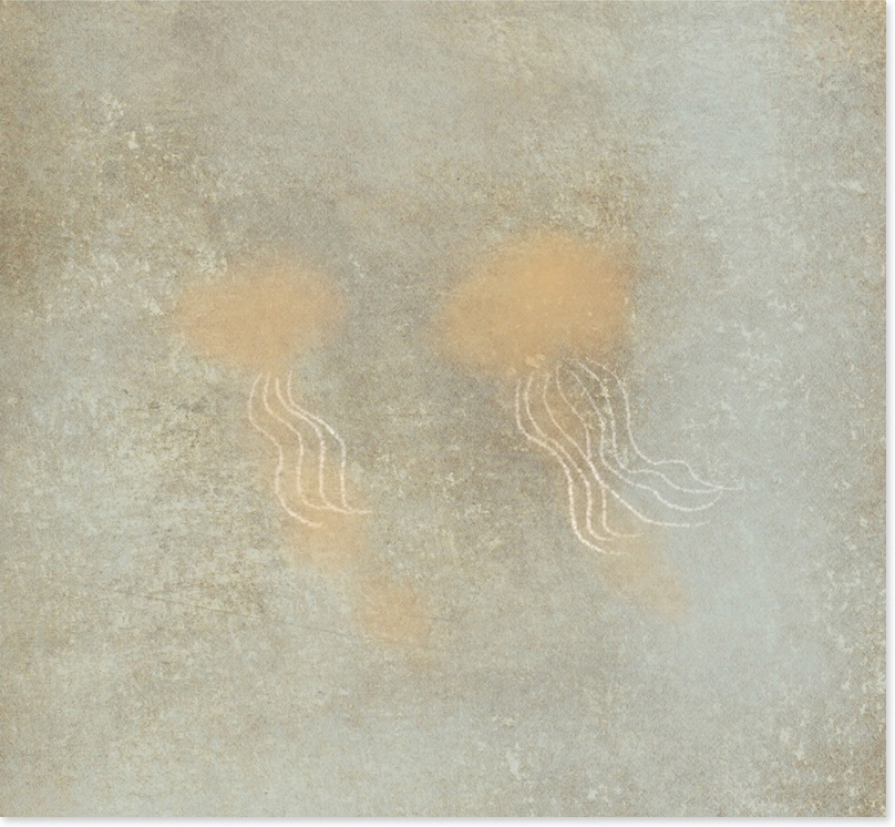 Julie Flett sketch for CBC poster of two amorphous jellyfish swimming with a cloudy and textured ocean backdrop