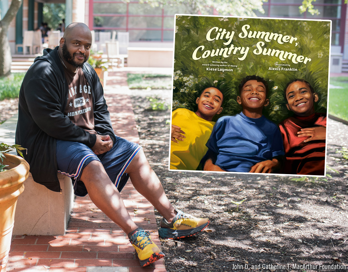 Kiese Laymon portrait with inset cover of his book City Summer, Country Summer