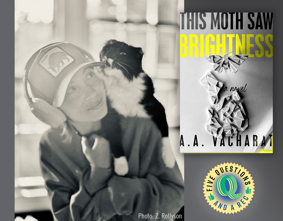 A graphic composed of author A. A. Vacharat, cover of This Moth Saw Brightness, and the 5 Questions logo.