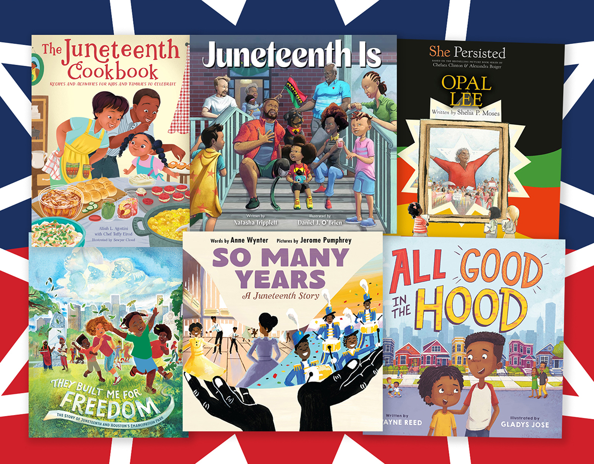 some of the Juneteenth round-up's book covers on a Juneteenth flag background.